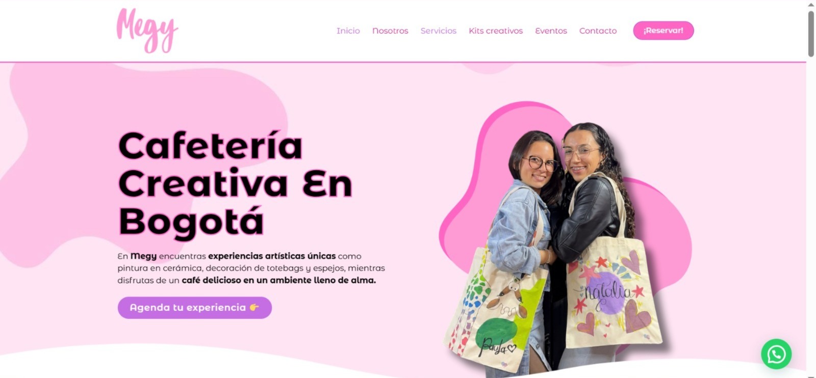 Megy: Web para reservar experiencias (cerámica, totebags) y café en Bogotá: menú claro, reservas y WhatsApp en el mismo flujo.
